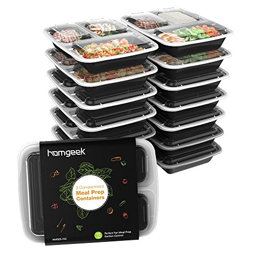 Homgeek 15-Pack Meal Prep Containers 3Compartment BPA-Free Food Storage Stackable Reusable Microwave Dishwasher & Freezer Safe Bento Lunch Boxes with Airtight Leads for Portion Control