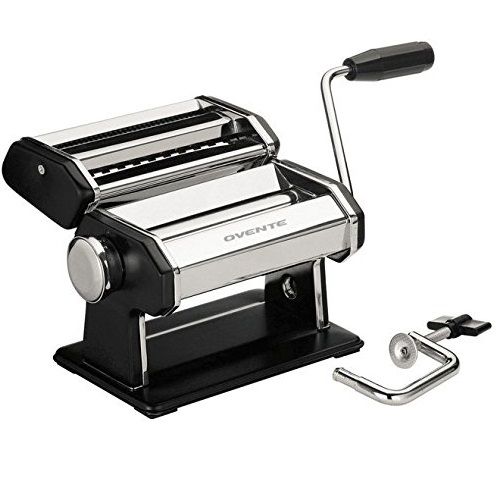 Ovente Stainless Steel Pasta Maker, Includes Hand Crank, Adjustable Countertop Clamp, and Double Pasta Cutter Attachment, 150mm, Vintage Style, 7-Position Dial, Matte Black (PA515B), Only $22.99