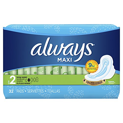 Always Maxi Feminine Pads Size 2, Long, Super Absorbency, with Flexi-Wings for Women, Unscented, 32 Count - Pack of 6 (192 Count Total), Only$31.18