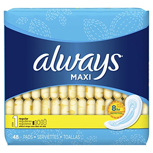 Always Maxi Feminine Pads for Women, Size 1, Regular Absorbency, Unscented, 48 Count - Pack of 6 (288 Count Total) (Package May Vary), Only $29.82