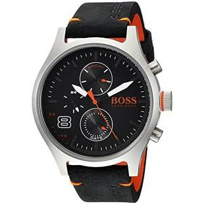 HUGO BOSS Men's Amsterdam Stainless Steel Quartz Watch with Leather Calfskin Strap, Black, 22 1550020 $92.06，free shipping