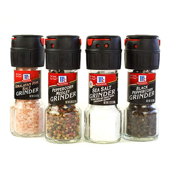 McCormick Salt and Pepper Grinders (Himalayan Pink Salt, Peppercorn Medley, Sea Salt, Black Peppercorn), 4 Count $10.91