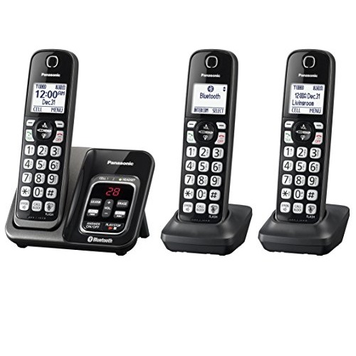 PANASONIC Expandable Cordless Phone System with Link2Cell Bluetooth, Voice Assistant, Answering Machine and Call Blocking - 3 Cordless Handsets - KX-TGD563M (Metallic Black), Only $64.95