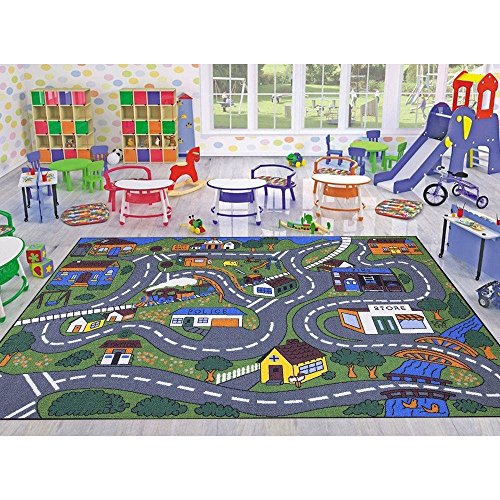 Ottomanson Jenny Collection Grey Base with Multi Colors Kids Children's Educational Road Traffic System Design(Non-Slip) Area Rug, 3'3