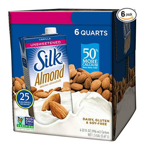 Silk Almond Milk, Unsweetened Vanilla, 32 Fluid Ounce (Pack of 6), Vanilla Flavored Non-Dairy Almond Milk, Dairy-free Milk, only $9.96