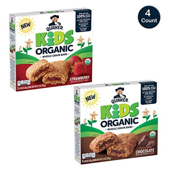 Quaker Kids Organic Whole Grain Bars, 2 Flavor Variety Pack, 4 boxes, 20 Count $8.99