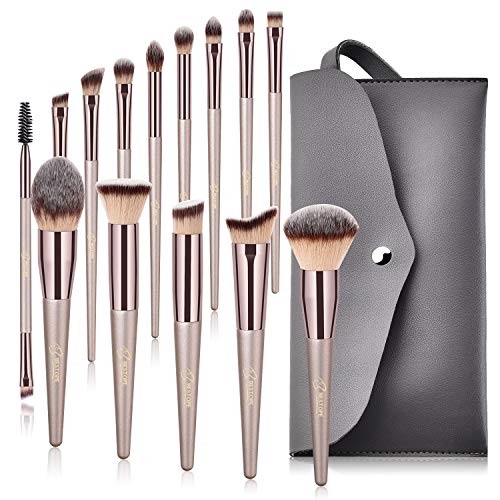 BESTOPE Makeup Brushes Set With Tapered Handle & Case Bag Professional Champagne Gold Premium Synthetic Kabuki Foundation Blending Face Powder Blush (14 Pieces), Only $13.49