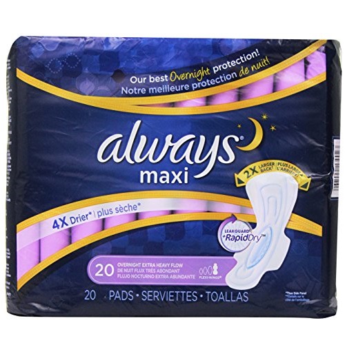 Always Extra Heavy Overnight Maxi Pads with Flexi-Wings - 20 Count, Only $5.90, You Save $7.09(55%)