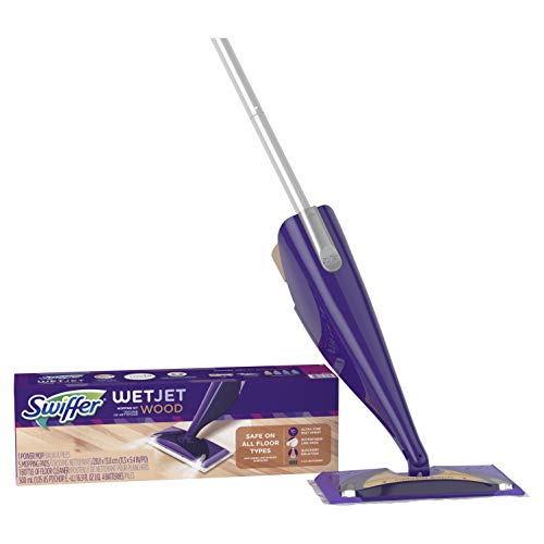 Swiffer WetJet Wood Floor Mopping and Cleaning Starter Kit, All Purpose Floor Cleaning Products, Includes: 1 Mop, 5 Pads, 1 Cleaning Solution, Batteries, Only $18.10,