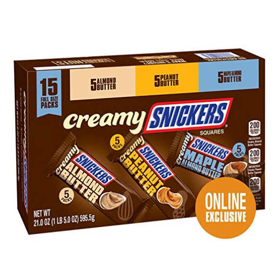 SNICKERS Creamy Singles Size Square Candy Bars Assortment, 15-Count Variety Box $11.04