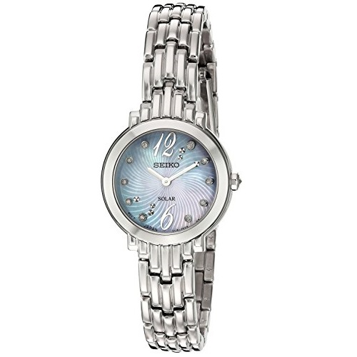 史低價！Seiko 精工SUP353 光動能 鑲鑽 藍色珍珠貝母 女士石英手錶，原價$375.00，現僅售$111.50，免運費