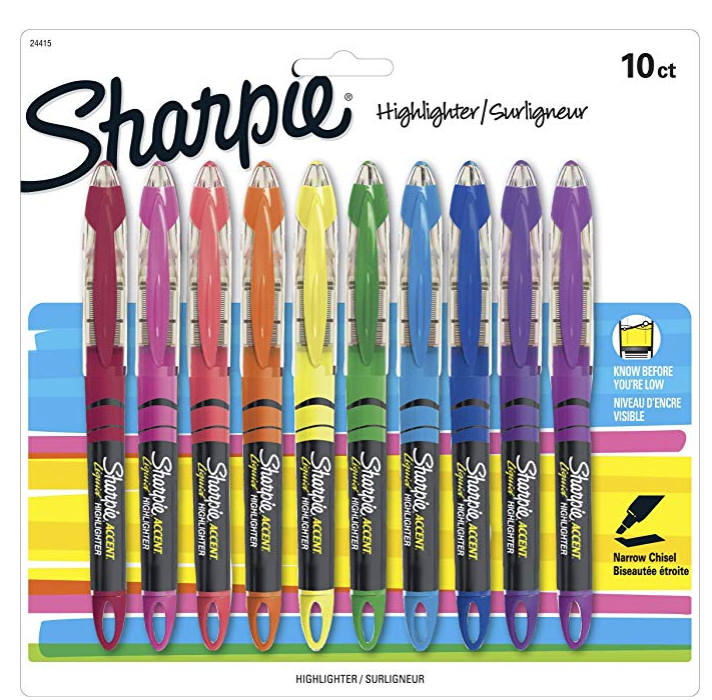Sharpie Liquid Highlighters, Chisel Tip, Assorted Colors, 10 Count only $6.22