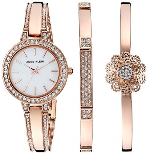 史低價！ANNE KLEIN AK/3354RGST 女款玫瑰金水晶 時裝腕錶 三件套，原價$175.00，現僅售$49.99，免運費
