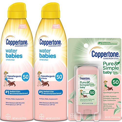 Coppertone WaterBabies SPF 50 Sunscreen Lotion Spray + Pure & Simple Baby Mineral SPF 50 Sunscreen Stick Multipack (Spray Lotion 6oz 2 Pack + Stick, Only $17.29 after clipping coupon