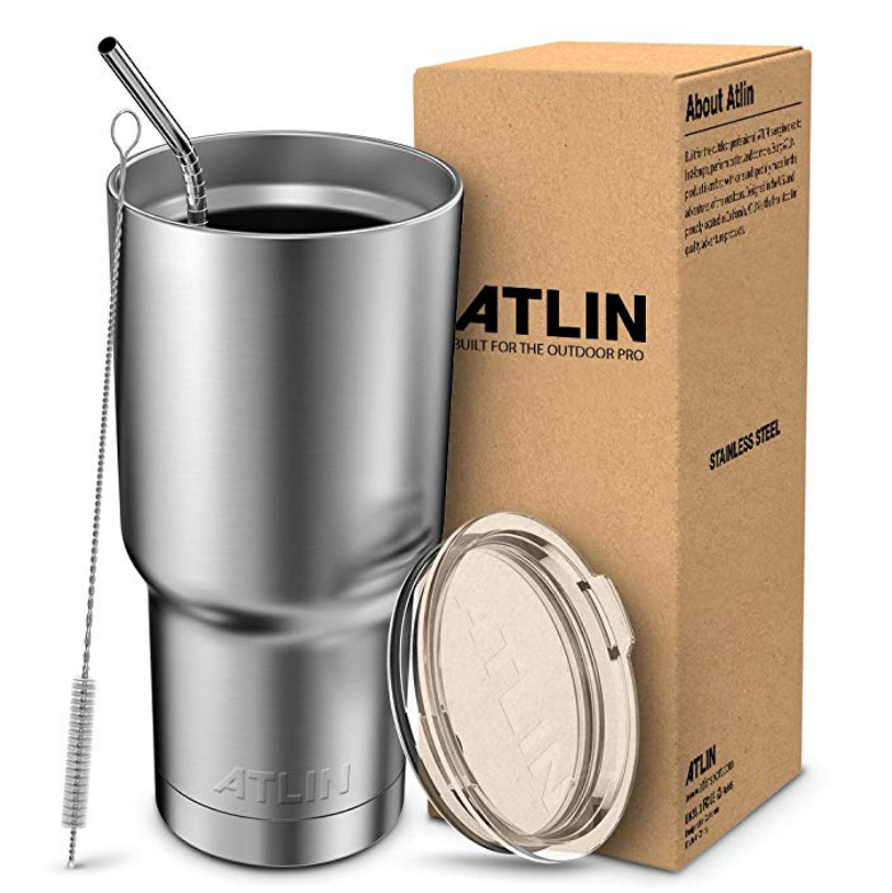 Atlin Tumbler [30 oz. Double Wall Stainless Steel Vacuum Insulation] Travel Mug [Crystal Clear Lid] Water Coffee Cup [Straw Included]For Home,Office,$13.49