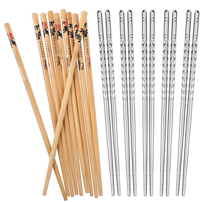 Hiware 10 Pairs Reusable Chopsticks Set Include 5 Pairs Metal Stainless Steel Spiral Chopsticks and 5 Pairs Natural Bamboo Chopsticks 8.8 Inches, Easy to Hold only $6.99