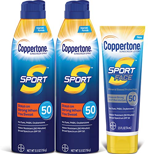 史低价！Coppertone 水宝宝SPF 50 运动专用喷雾2瓶（5.5 oz X 2） + 2.5 oz 防晒霜，原价$22.66，现点击coupon后仅售$15.87，免运费