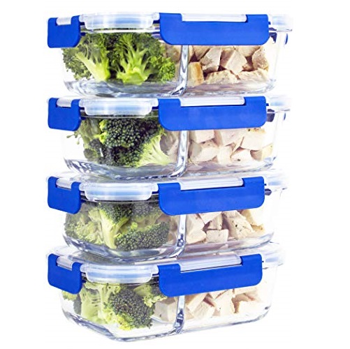 [Improved Larger 4 Set] 2 Compartment Glass Meal Prep Containers with Lifetime Lasting Snap Locking Lids Glass Food Containers BPA-Freee (950 ML, 32 Oz.), Only $23.99