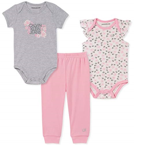Calvin Klein Baby Girls 3 Pieces Bodysuit Set Pants, Pink/Gray 6-9 Months, Only $8.36, You Save $36.64(81%)