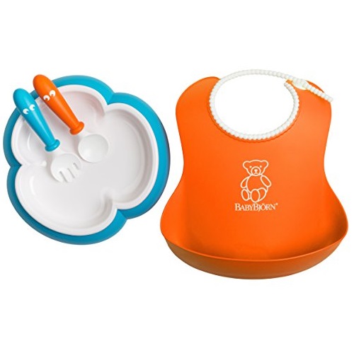 BabyBjörn Baby Feeding Set - Orange Soft Bib, Turquoise Plate, Orange Spoon and Turquoise Fork, Only $17.56