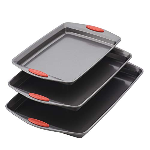 Rachael Ray Nonstick Bakeware Cookie Pan Set, 3-Piece, Gray with Red Silicone Grips, Only $20.23