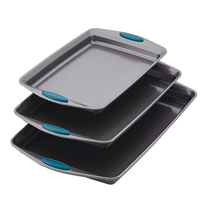 Rachael Ray Nonstick Bakeware Cookie Pan Set, 3-Piece, Gray with Marine Blue Silicone Grips, Only$20.60