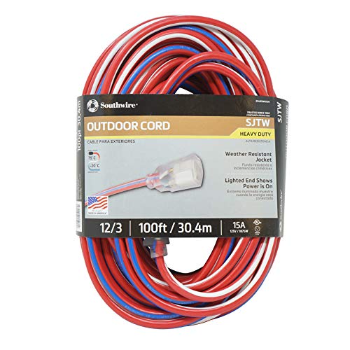 Southwire 2549SWUSA1 100-Feet, Contractor Grade, 12/3 Extension Cord, With Lighted End; Red White And Blue, American Made Extension Cord, Indoor and Outdoor Use,, Only $68.50, free shipping