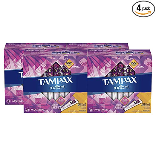 Tampax Radiant Plastic Tampons, Regular Absorbency, Unscented, 28 Count - Pack of 4 (112 Count Total) (Packaging May Vary), Only $19.00, free shipping after clipping coupon and using SS