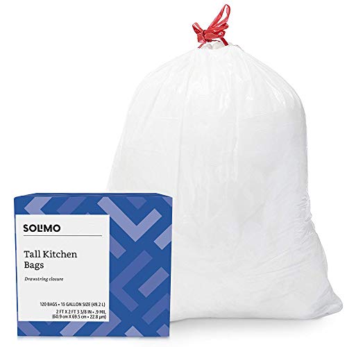 Amazon Brand - Solimo Tall Kitchen Drawstring Trash Bags, 13 Gallon, 120 Count, Only $11.02