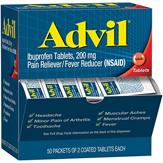 Advil (50 Packets of 2 Capsules) Pain Reliever / Fever Reducer Coated Tablet, Individually Sealed, 200mg Ibuprofen, Temporary Pain Relief, Travel Pack, only $8.53