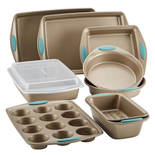 Rachael Ray Cucina Nonstick Bakeware Set, 10-Piece, Latte Brown with Agave Blue Handle Grips, Only $59.99