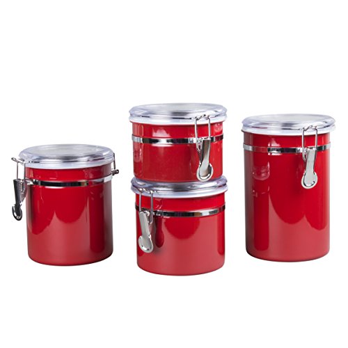 Creative Home 50283 4-Pieces Stainless Steel Canister Container Set with with Air Tight Lid and Locking Clamp, Red, 26 oz, 36 oz, 47 oz, and 62 oz,, Only $31.41