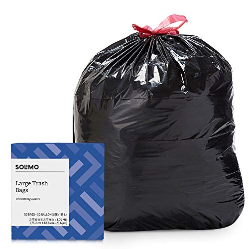 Amazon Brand - Solimo Multipurpose Drawstring Trash Bags, 30 Gallon, 50 Count, Only $4.94