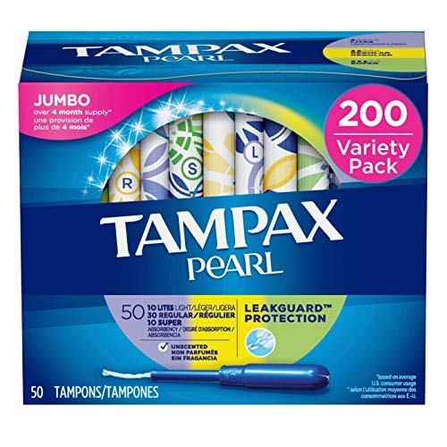 Tampax Pearl Plastic Tampons, Light/Regular/Super Absorbency Multipack, Unscented, 50 Count, 4 Boxes, (Total 200 Count), Only $25.50