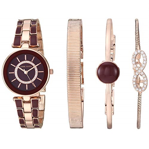 Anne Klein Women's AK/3286BYST Swarovski Crystal Accented Rose Gold-Tone and Burgundy Watch and Bracelet Set, Only $49.20