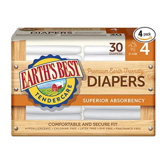 Earth's Best TenderCare Chlorine-Free Disposable Baby Diapers, Size 4 (22-37 lbs), 30 Count (Pack of 4) only $ 28.82