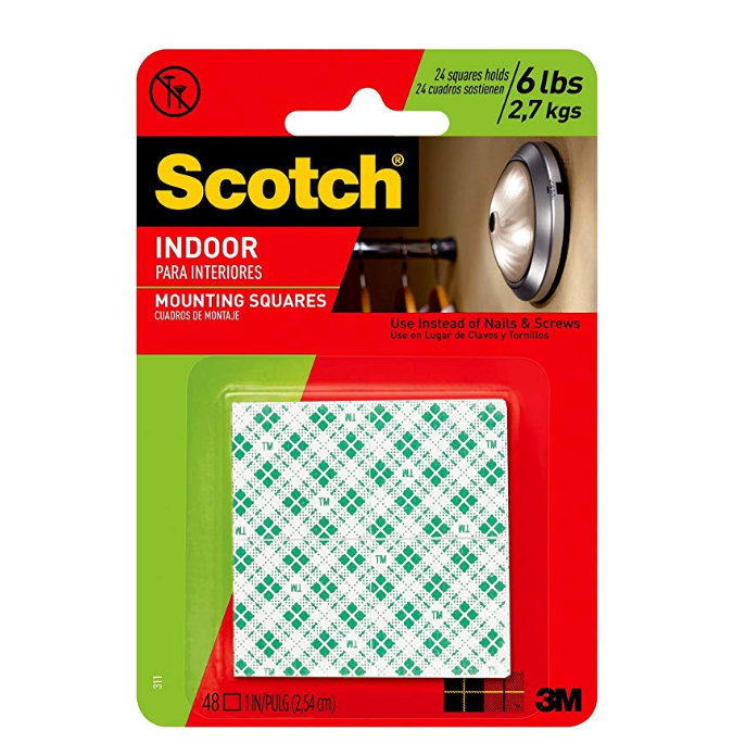Scotch Indoor Mounting Tape, Holds up to 6 pounds, 1x1 inch, 48 squares only $2.97