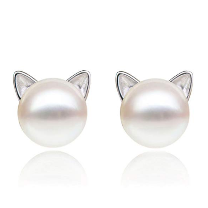 S.Leaf Cat Earrings Pearl Earrings Sterling Silver Studs Earrings for Women $15.50