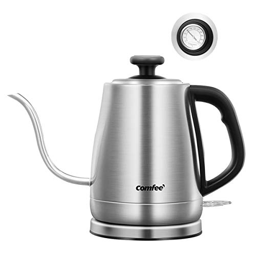 Comfee MK-12S07A Gooseneck Electric Stainless Steel Drip Kettle for Pour over Coffee and Tea, with Fast Boiling Feature and Thermometer Gauge on Top, 1.2L, Only $23.00