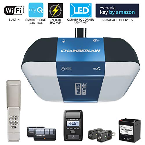 Chamberlain Group Chamberlain B1381 Bright LED Lighting Smartphone-Controlled Ultra-Quiet & Strong Belt Drive Garage Door Opener with Battery Backup & Max Lifting Power, 1.25 hp, Blue, Only $244.97