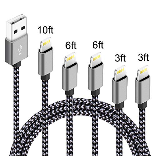 Labor Day Deal! IDiSON 5Pack (3ft 3ft 6ft 6ft 10ft) Apple MFi Certified Braided Nylon Fast Charger Cable (Black Gray) discounted price only $9.99