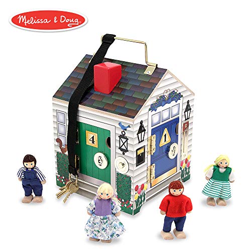 Melissa & Doug Take-Along Wooden Doorbell Dollhouse (Doorbell Sounds, Keys, 4 Poseable Wooden Dolls, 9