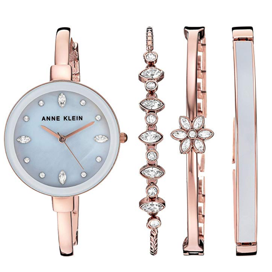 Anne Klein 珍珠母貝施華洛世奇腕錶4件套，原價$195.00，現僅售$69.99，免運費。三色同價！