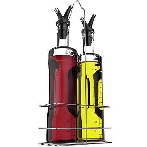 Vremi 17 oz Olive Oil and Vinegar Dispenser Set - Clear Glass Cruet Bottles for Cooking with No Drip Double Pourer Spout Stoppers and Stainless Steel Holder Stand, Only $9.99
