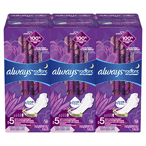 Always Radiant Feminine Pads for Women, Size 5 (Pack of 3), Extra Heavy Overnight, with Wings, Scented, 18 Count, (54 Count Total), Only $15.36