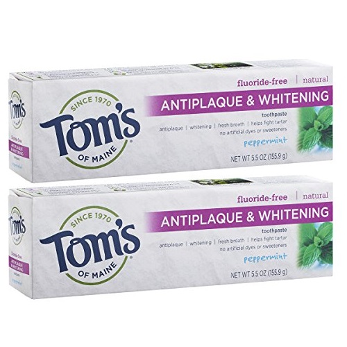 Tom's of Maine 预防牙菌斑无氟美白牙膏，5.5 oz/支，共2支，原价$12.37，现点击coupon后仅售$5.56，免运费
