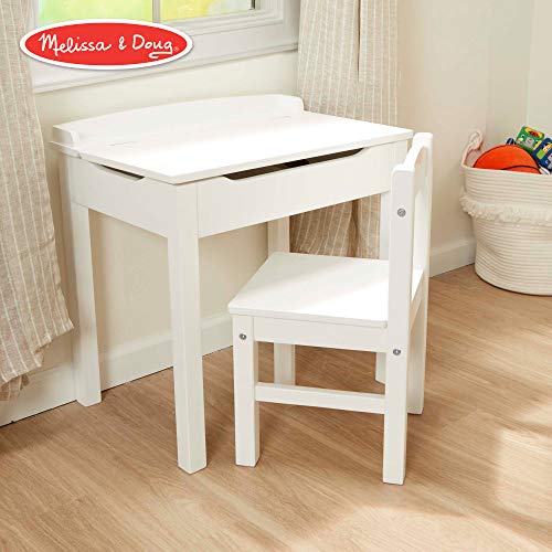 Melissa & Doug Child's Lift-Top Desk & Chair (Sturdy Wooden Chair & Desk Set, Safety-Hinged Lid, White, 16.1
