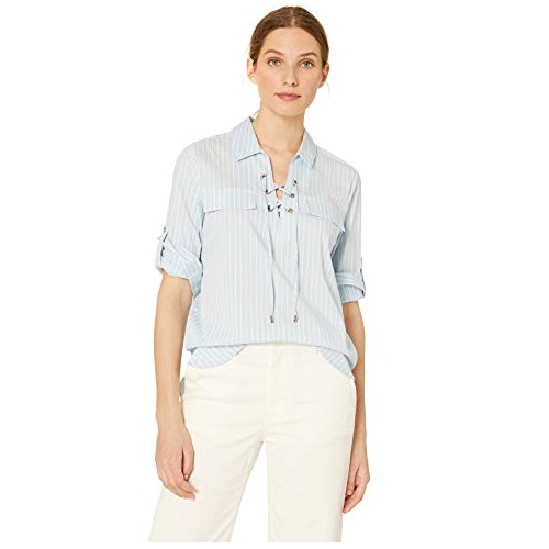 Calvin Klein Women's Stripe Poplin with Lace Up Front, Only $13.49, You Save $56.01(81%)