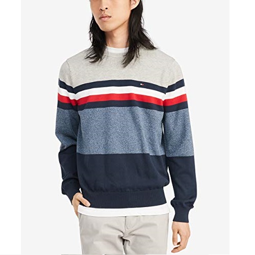 Tommy Hilfiger Men's Cotton Crew Neck Sweater, Sport Grey Heather/Navy Blazer, Medium, Only $37.49