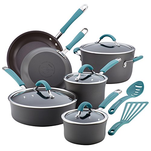 Rachael Ray 87641 Cucina Hard Anodized Nonstick Cookware Pots and Pans Set, 12 Piece, Gray with Blue Handles, Only $89.24